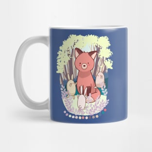 Three cute bunnies and fox Mug